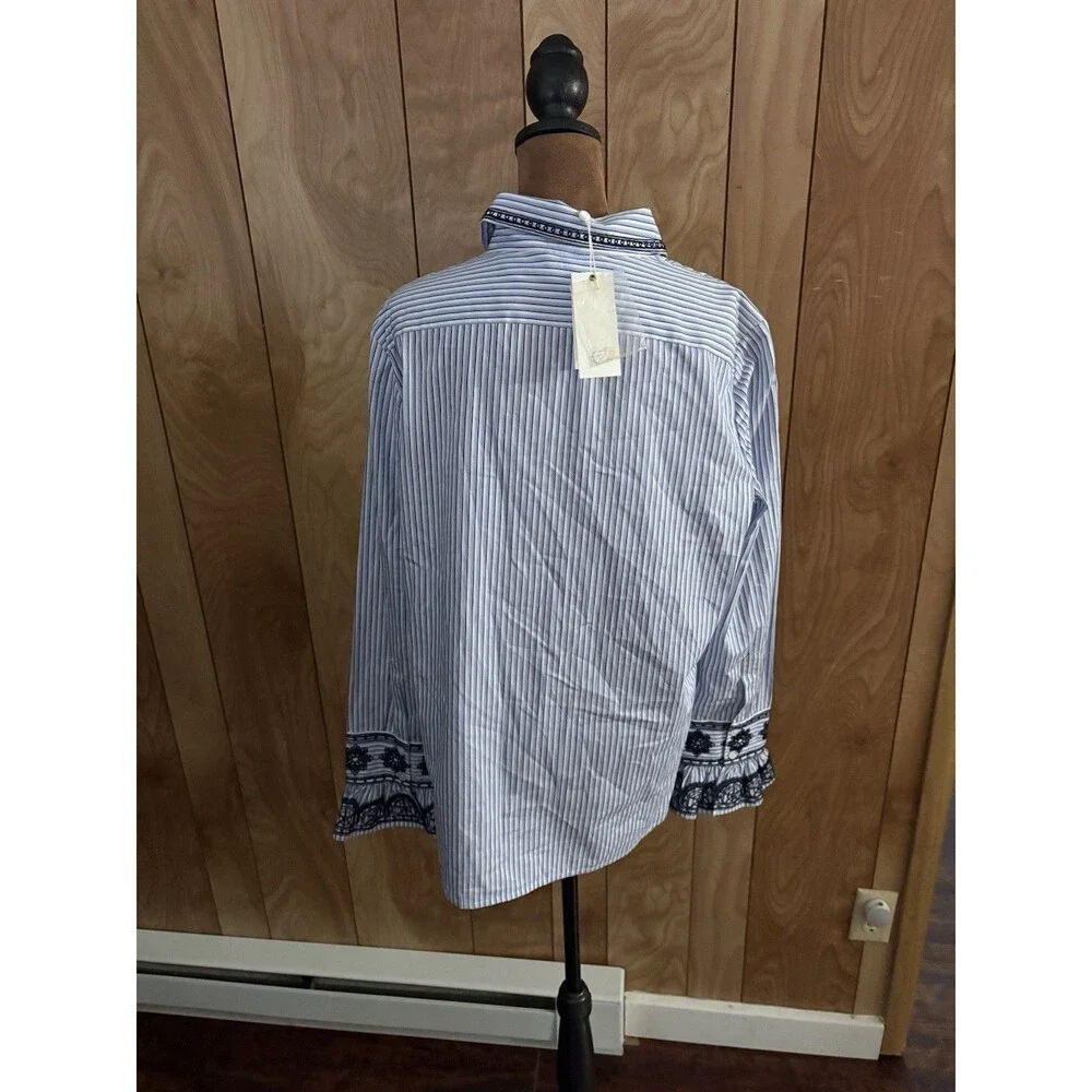 Tory Burch Blue White Pinstripe Cotton Paige‎ Top Bell Sleeves Size 12 NWT